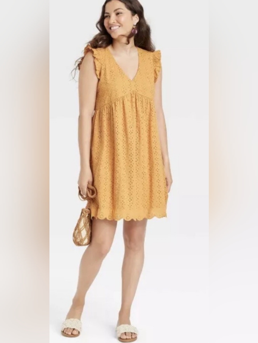 Knox Rose Cottagecore Beige Eyelet V-Neck Ruffle Mini Dress NWOT